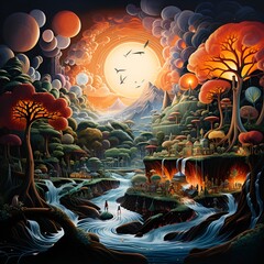 a painting of a river flowing through a forest. 