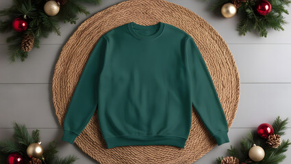 Green sweatshirt mockup for Christmas with on plain background. Minimal sweatshirt front design template