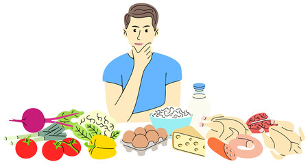 Man thinking what to choose from food products. Food, meal, dairy, meat and vegetables, illustration