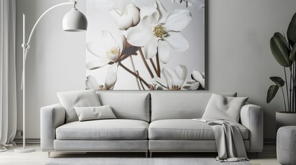 A light gray sofa and wall art in the living room, with a light grey background and modern style. White flowers are depicted on the wall art, with a large floor lamp beside the couch.