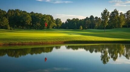 A serene golf course landscape with a pond reflecting the lush greenery and a red flag.