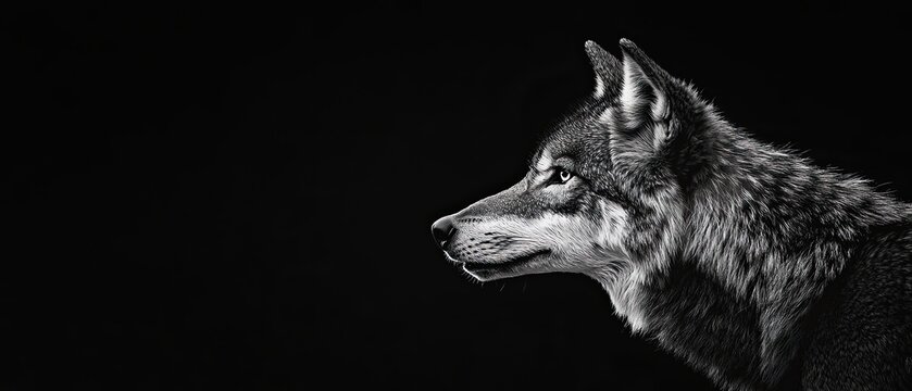 Minimalist black and white photograph of a lone wolf in profile against a deep black background capturing its intensity