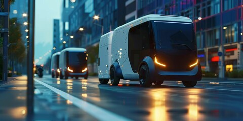 Futuristic truck through on streets at modern city, Future goods transport concept.