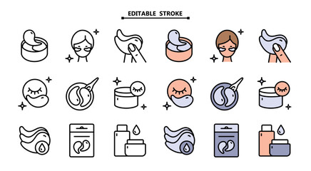 Eye gel patches color icons set. Editable stroke. Simple illustrations of eye mask. Flat isolated vector signs set on white. Trend care products