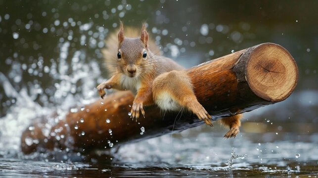 AI generator image of a little squirrel playing on a log near a waterfall stream. beautiful water splash