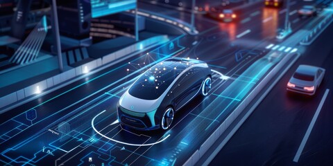 A smart car with remote sensing and road scanning systems is illustrated driving autonomously on the road
