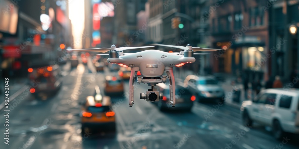 Poster advanced drones delivering goods in a smart city top view automation in logistics advanced tone spli