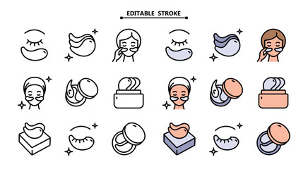 Eye gel patches color icons set. Editable stroke. Simple illustrations of eye mask. Flat isolated vector signs set on white. Trend care products
