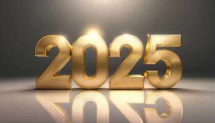 金の光沢のある反射する美しい質感の数字2025。キラキラと眩しいダイヤモンドのような立体的のあるカット。キャッチライトに照らされて眩い乱反射。磨かれたゴールド、メタル。金の光の中で、この美しい瞬間が永遠に輝き続ける。背景は黒。