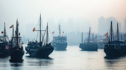 Naklejka premium Hundreds of ships are moored in Asian ports. 