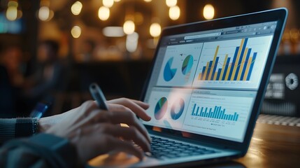 A person analyzing data on their laptop, with the screen showing graphs and tables of traffic analytics. close up. 
