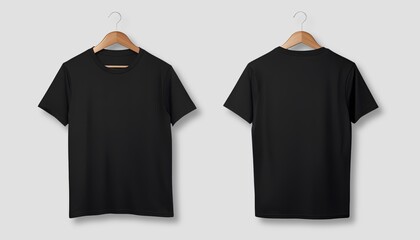 Black tshirt mockup on hanger on plain background. Minimal t-shirt front and back design template