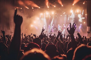 A pop concert in a big concert venue full of thousands of people at night