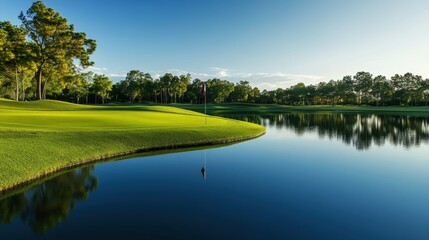 A serene golf course scene with a lake reflecting the sky and trees.