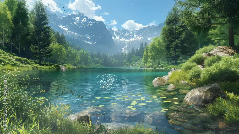 Wall mural animation pristine mountain lake surrounded by lush green forest and mountains generated with ai