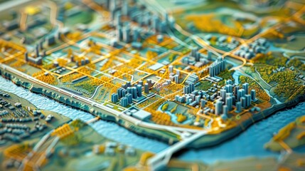 Model Cityscape with River and Lush Greens