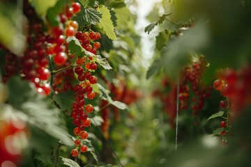 Obraz premium Harvest of red currants on bushes in the garden under the sun. The concept of growing berries without GMOs.