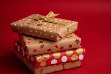 stack of gifts wrapped in recycled brown wrapping paper with polka dot and poinsettia prints gold colors, red solid color background