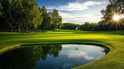 A serene golf course scene with lush greenery and a reflective pond at sunset.