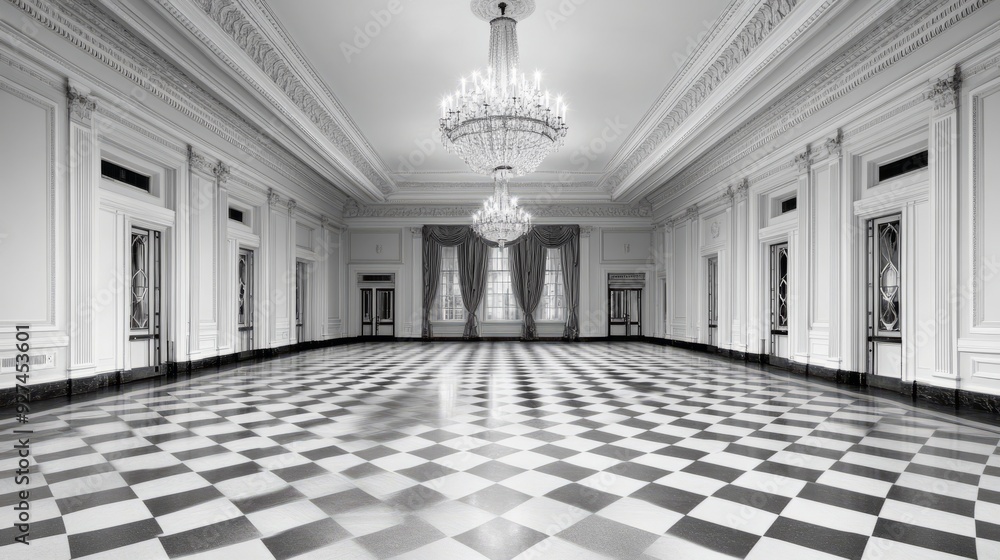 Canvas Prints Black and white checkered floor in an elegant room with two large chandeliers.