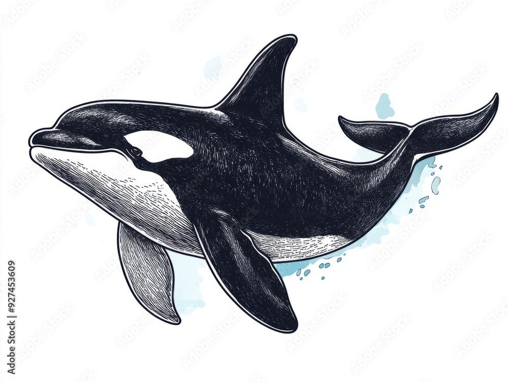 Poster Black and white drawing of an orca with a watercolor background.