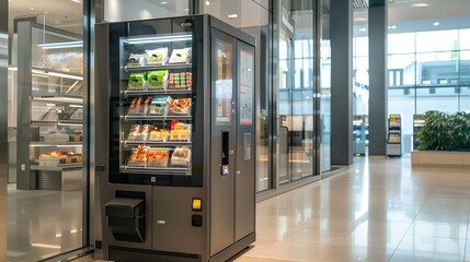 A smart vending machine in a mall modern style, minimalism. Uncluttered look, simple lines, focus on functionality. Glass walls, floor-to-ceiling windows. 