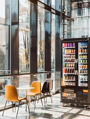 A smart vending machine in a mall modern style, minimalism. Uncluttered look, simple lines, focus on functionality. Glass walls, floor-to-ceiling windows. 