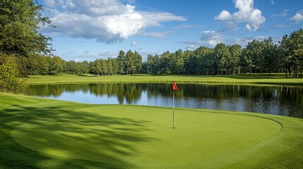 A serene golf course with a flag on the green and a reflective lake surrounded by trees.