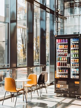 A smart vending machine in a mall modern style, minimalism. Uncluttered look, simple lines, focus on functionality. Glass walls, floor-to-ceiling windows. 