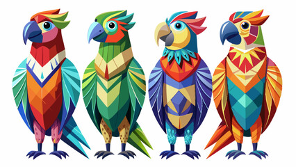 Colorful Geometric Parrots Vector Illustration - Tropical Bird Art Design , Vibrant Polygonal Parrots - Abstract Tropical Bird Vector Art