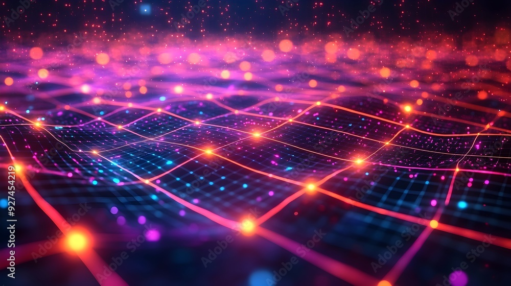 Poster abstract neon grid with glowing lines and bokeh