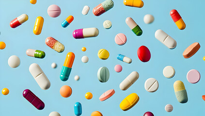 A vibrant array of assorted capsules and pills floating against a blue background, representing health and wellness.