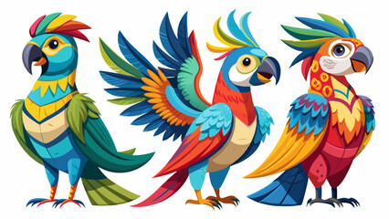 Colorful Geometric Parrots Vector Illustration - Tropical Bird Art Design , Vibrant Polygonal Parrots - Abstract Tropical Bird Vector Art