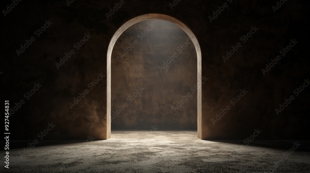 Poster soft light streams through a stone arch, illuminating a textured floor, creating an atmosphere of my