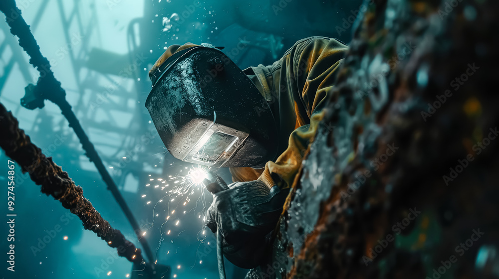 Poster a man in a yellow jacket is working on a piece of machinery. the image has a mood of determination a