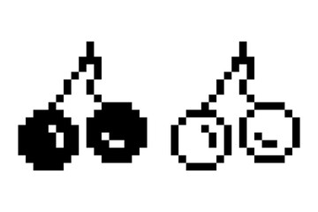 pixel art cherry game 8 bit cartoon fruit icon logo. black and white sticker cute pixel art. cartoon hand drawn icon.