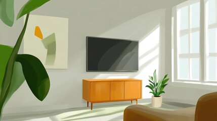 A TV placed in a sunlit room, surrounded by modern decor elements, bringing warmth and vibrancy to the space.