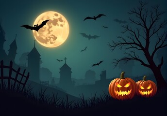 Fototapeta premium A spooky Halloween scene with glowing jack-o'-lanterns, a full moon, bats, and haunted house silhouettes
