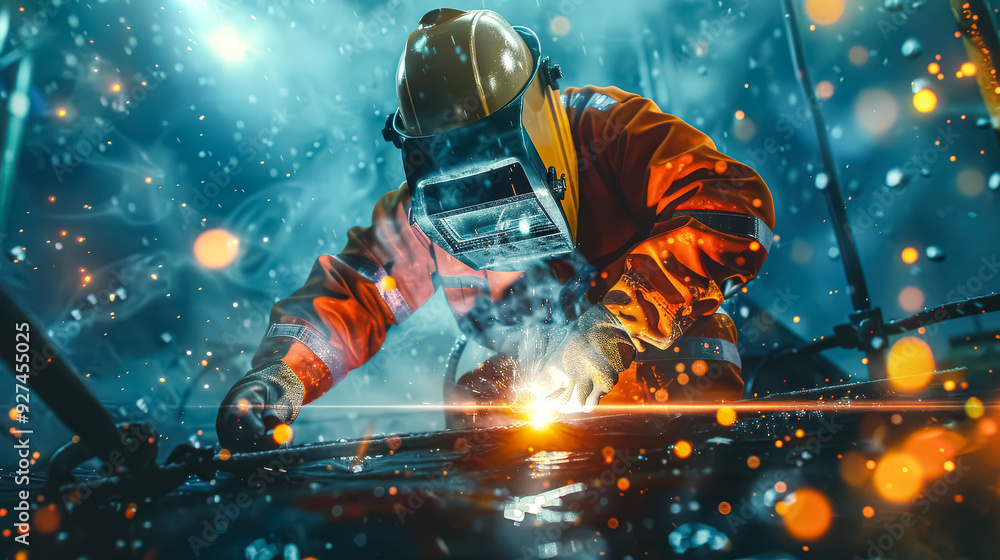 Poster a man in a yellow jacket is working on a piece of machinery. the image has a mood of determination a