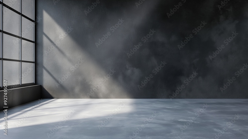 Poster sunlight filters through large windows into a spacious, minimalist room with concrete flooring and a