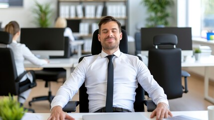 A man sits back in his ergonomic chair, smiling and relaxed, while others work at desks in a bright and open office space filled with plants