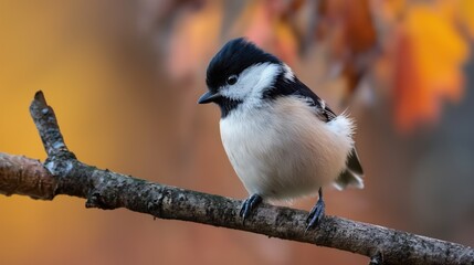 Obraz premium A small black and white bird rests on a branch, surrounded by blurred autumn foliage, showcasing the beauty of nature in a serene setting