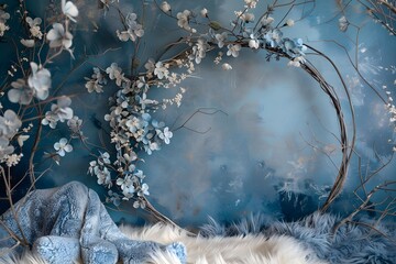 An enchanted floral backdrop with branches and flowers in pastel royal blue tones, on the branch of a royal blue cherry blossom tree a circular arch made from twigs, a fur blanket under it 