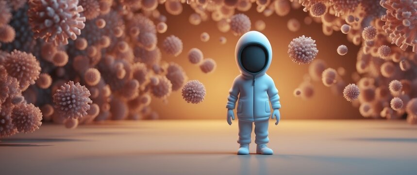 A Cartoon Astronaut Standing Amidst a Field of Viruses