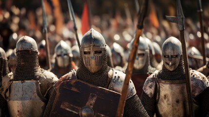 Medieval knights don armor and hold weapons, gathering in an open field, ready for battle as the sun shines brightly overhead