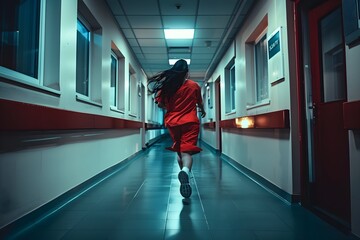 Obraz premium Attractive nurse, running in the hospital during night shifts at a small mental hospital