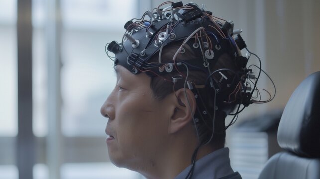 A research participant sitting still, equipped with a cap of monitoring devices, as brain activity is recorded for scientific study in a well-lit laboratory