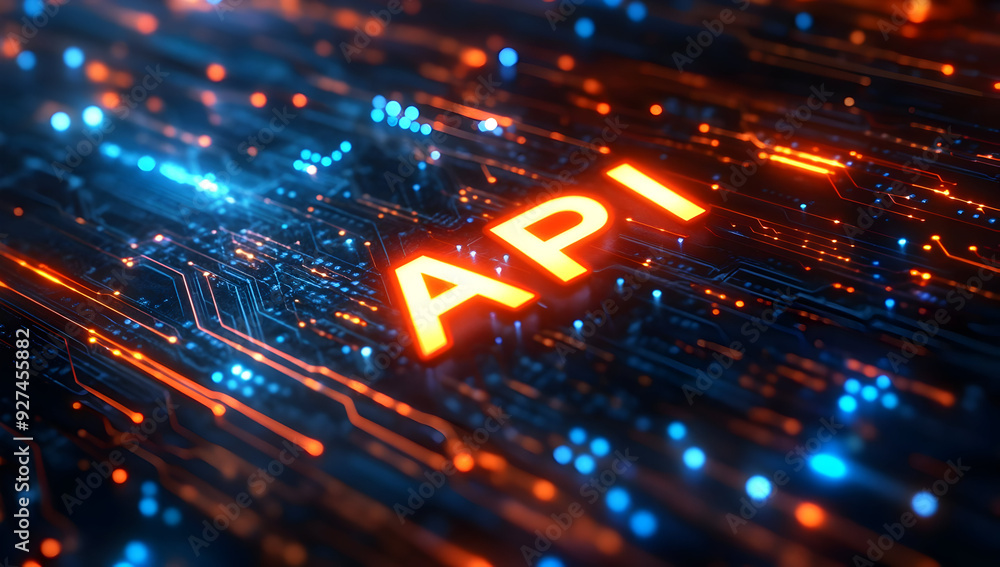 Poster a vibrant digital representation of an api, showcasing glowing circuits and data flow in a futuristi