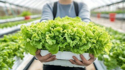 greenhouse filled with young Frillice Iceberg salad plants thriving in a hydroponic system. The water-based growth method is clearly visible, with the plants arranged in neat rows