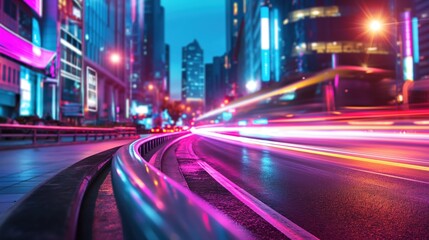 Fototapeta premium Vibrant city streets glowing at night feature trails of light from passing vehicles amidst tall skyscrapers and neon signs